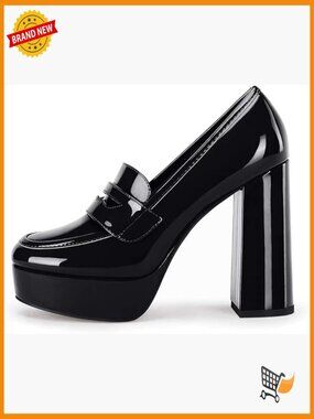Chunky Platform Loafers Heels Closed Toe Patent Leather Work Pumps
